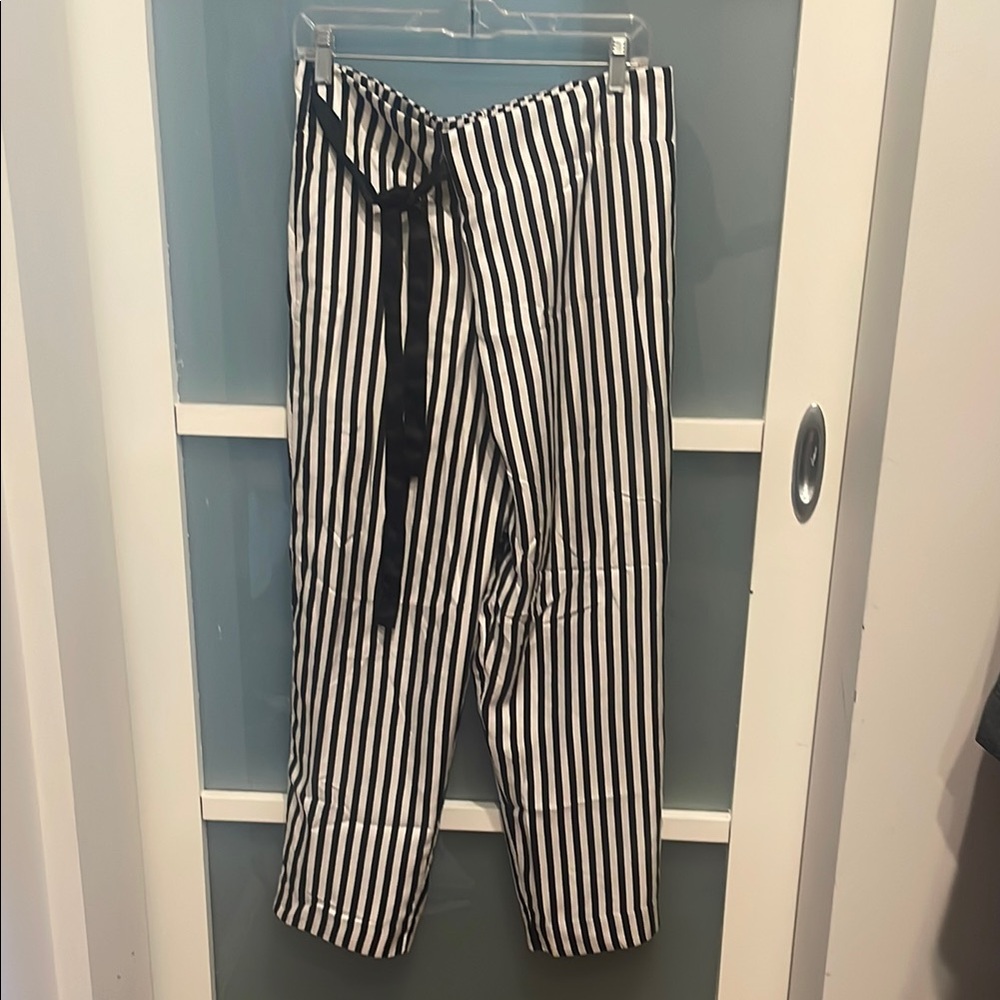 J. Crew Silk Tie Waist Foldover Black and White Striped Trouser Pants, 10